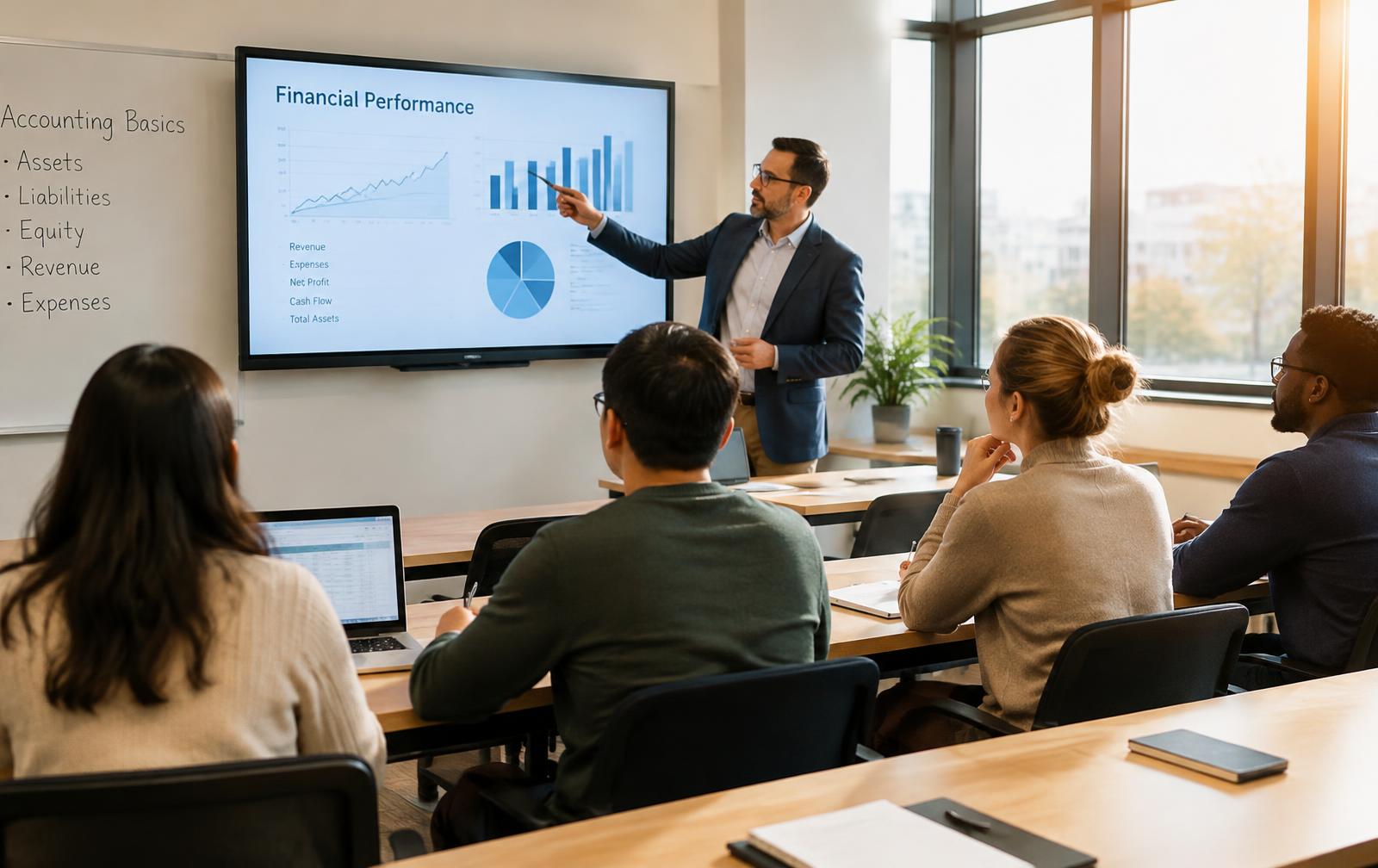 Instructor teaching a finance class to adult students